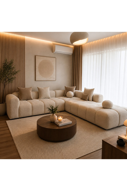 Özgü Ahşap Özvella Modüler Köşe Koltuk Krem – Geniş Oturumlu, Premium Malzemeli Modern L Koltuk