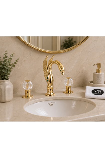 Duck 3 Hole Lavatory Faucet Gold Gold– Decorative Swan Design Gold Sink Faucet with Crystal Handle