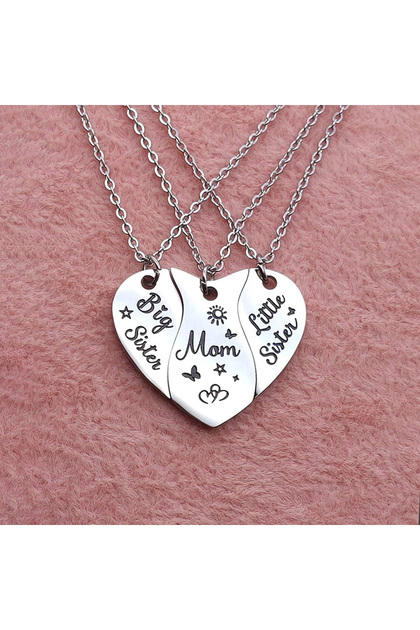 Silver 1 3 PCS Heart Matching Mom Daughter Son Necklace Set Stainless Steel Big Sister Little Sister