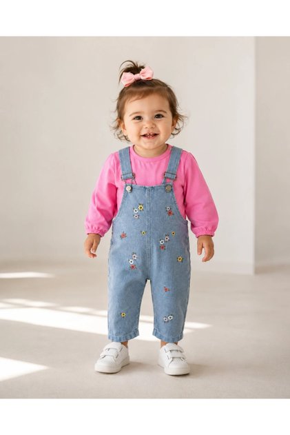 Colorful Tiny Flowers Embroidery Denim Look Knitted Fabric Seasonal Set of 2 Salopet