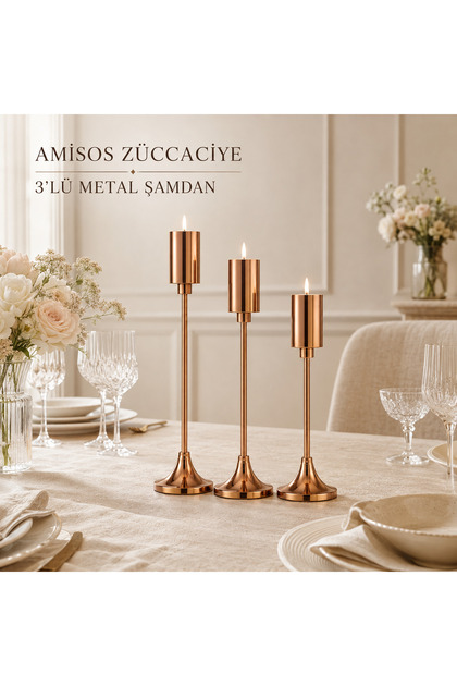 Amisos 3’lü Uzun Silindir Metal Şamdan Seti Dekoratif Mumluk Gold Gümüş Bronz