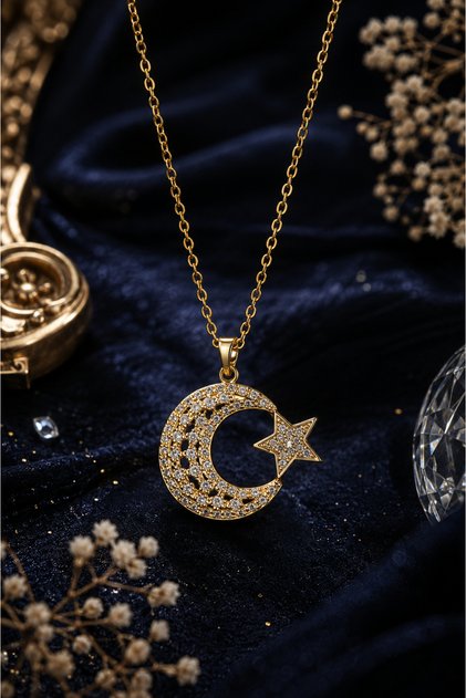 Luxury Steel Necklace with Stone Moon and Star Figures (Gold Color)