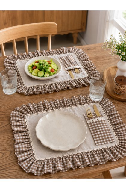6'lı Cepli Ham Keten Kareli Fırfır Detaylı Amerikan Servis Supla 40x35 cm