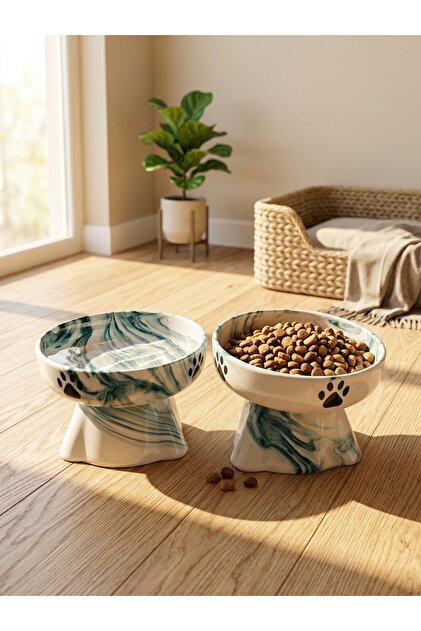 2'Li Eğimli Yükseltilmiş Seramik Kedi Köpek Mama ve Su Kabı