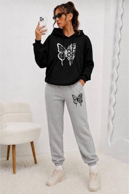Hooded Sweatshirt 2-Piece Combination Winter Shardooned White Butterfly Printed Women's / Girls' Model