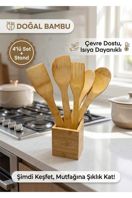 Doğal Bambu 4'lü Mutfak Servis Seti ve Standı - Isıya Dayanıklı Ahşap Kaşık Spatula Seti