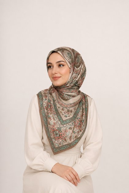 Silky Textured Authentic Shawl Patterned Women's Square Scarf – Beige Mint