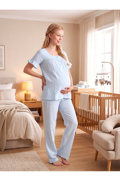 New Season Blue Muslin Fabric Buttoned Easy Breastfeeding Design Ruffle Sleeve Detailed Summer 100% Cotton Maternity Pajama Set
