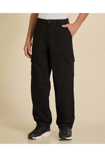 Senior Boys Black Cargo Baggy Casual Trousers
