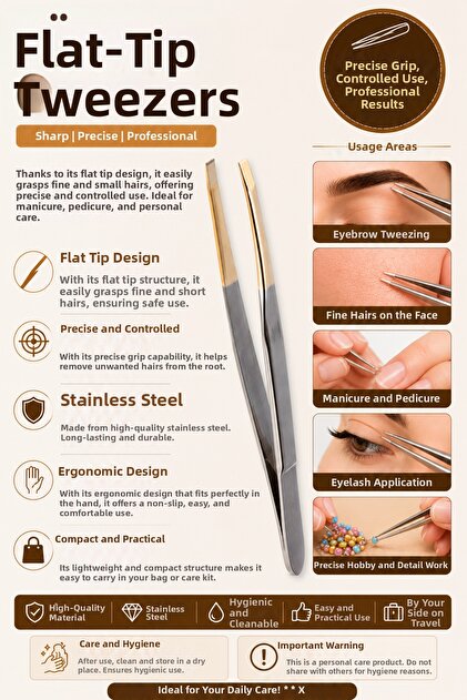 Flat Tip Tweezers Stainless Steel Gold Tip Professional Eyebrow Tweezers for Eyebrow Plucking and Personal Care