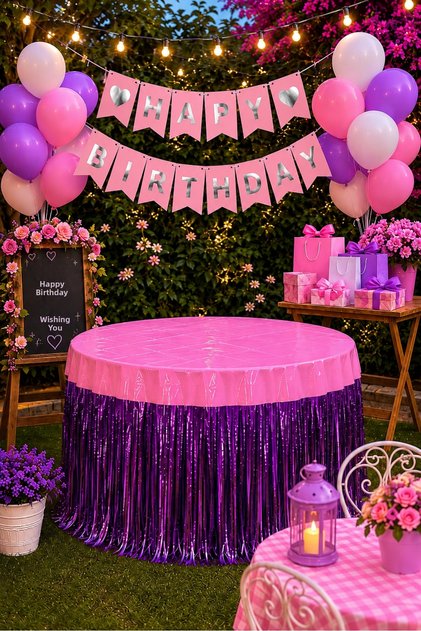 Purple Pink Garden Birthday Decoration Set with 20 Balloons, Happy Birthday Banner, Table Skirt, Party Set