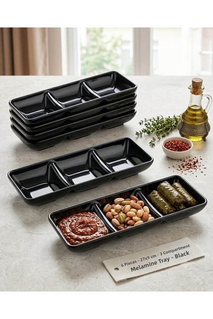 6 Pieces Black Melamine Sauce Bowl with 3 Compartments - Breakfast, Appetizer and Serving Set 27X 9 cm