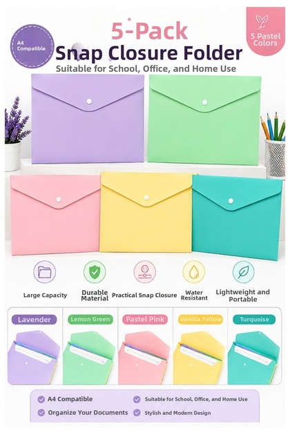 Snap File 5 Colors Pastel A4 1 Pack File Plastic Colored Envelope File Snap File Homework Document Organizer