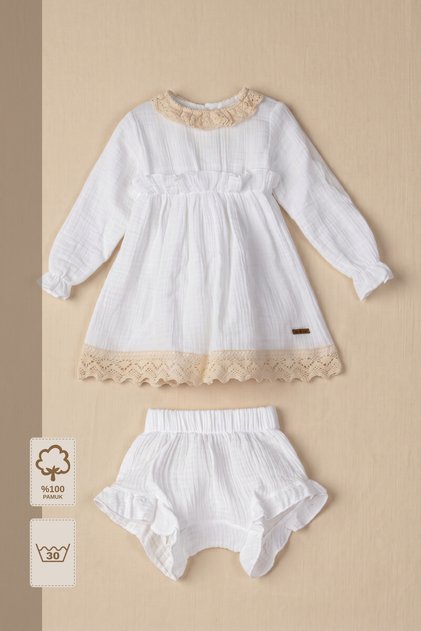 - 100% Cotton Muslin Lace Detailed Dress & Shorts Set