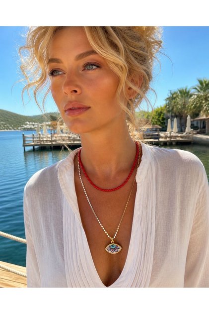 Red Pressed Porcelain Eye Detail 2-Piece Necklace Set