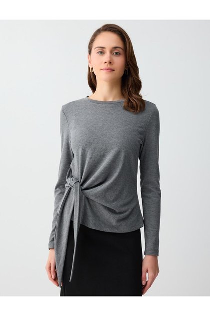 Anthracite Round Neck Knitted Blouse with Lace-Up Detail at the Waist