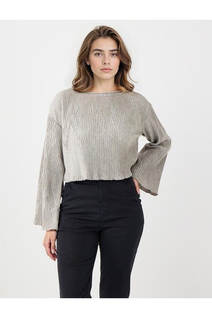 Beige Relaxed Fit Boat Neck Soft Textured Knitted Blouse