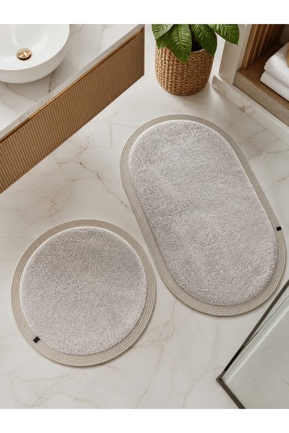 Premium Kaymaz Taban Peluş Banyo Paspası Seti Jüt Kenar Detaylı 2’li Oval Yuvarlak 100x60 60x60