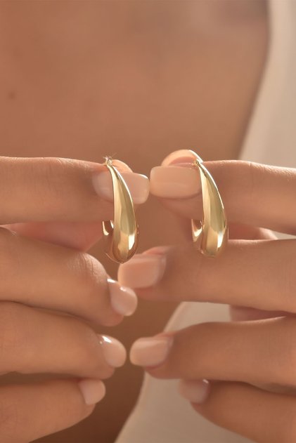 14 Ayar Altın Bombeli Oval Halka Küpe 2.8 Cm