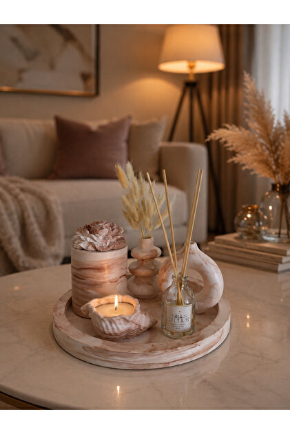 Sirius Atelier Dekoratif 5'li Set Tepsi - Şakayık Mum - Çizgili