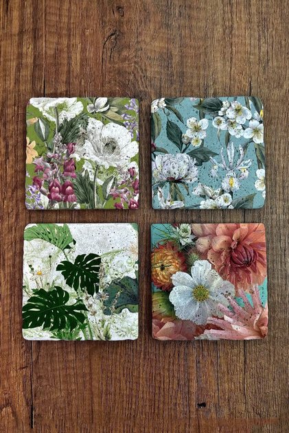 Natural Stone Coasters Tropical Patterns Printed Set of 4