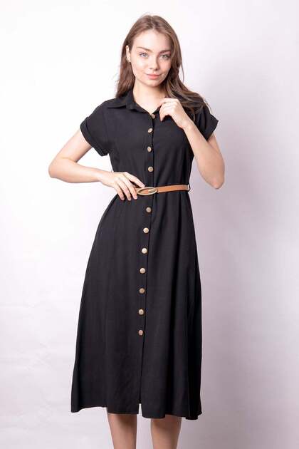 Women's Twill Modal Collared Off-Shoulder Double Sleeve Midi Length Below the Knee Dress (Leather Belt Included)-Black