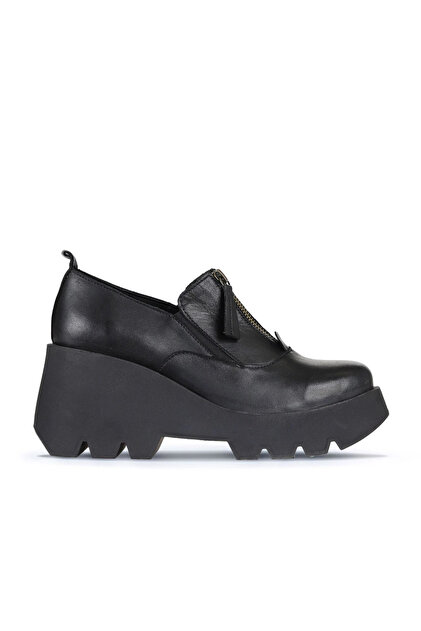 Black Leather Women's Wedge Heeled Shoes 01Wz8401