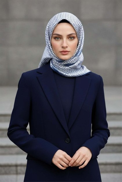 %100 Twill İpek Bantlı Monogram Desenli İndigo - Gri Renkli 90x90 Eşarp Dikim Şekli : El Dikişi