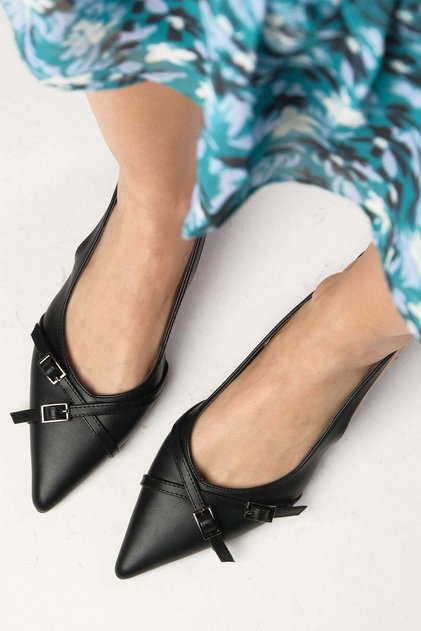 Leia Black Color Open Back Pointed Toe Short Heeled Women's Shoes