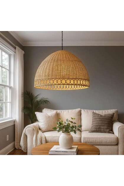 Yulo E27 Rattan Pendant Lamp 57x36cm - L. Brown