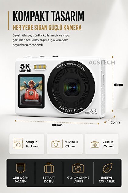 ACSTECH 5K Çift Ekranlı Dijital Fotoğraf Makinesi | 80MP | 18X