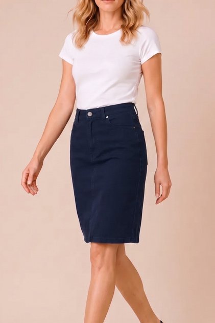 High Waist Denim Skirt for Women – Midi Length Denim Skirt with Back Slit, Casual & Office Stylish
