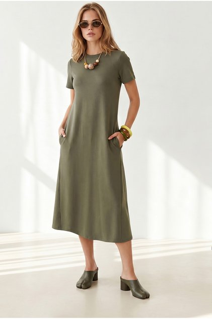 Women's Khaki Crew Neck Pocketed Modal Buttoned Flowy Dress Elb-19002666