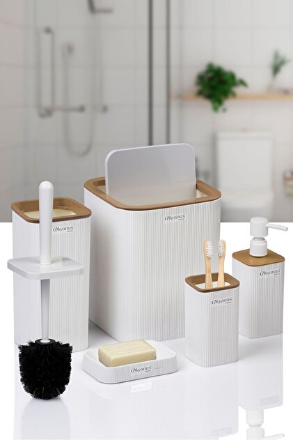 Okyanus Home Mina Due Beyaz Çizgili Kare 5'li Banyo Seti - Fiyatı