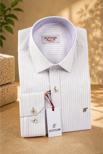 Brown Striped White Long Sleeve Cotton Pocketless Regular Fit Premium Men's Shirt