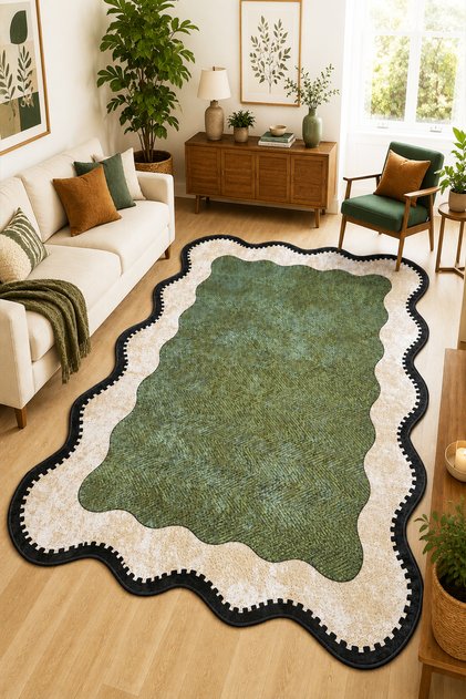 NEHO Shape Green Makinede Yıkanabilir Kaymaz Taban Leke Tutmaz Dijital Salon Halısı Mutfak Halısı ve Yolluk