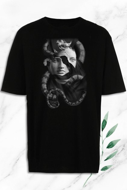 Tricou alb imprimat cu sculptură de tendință mitologie oversize