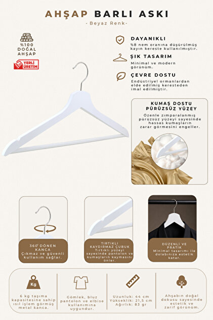 Wooden M002-Çb Bar Shirt and Trouser Hanger White Color 6 Pieces