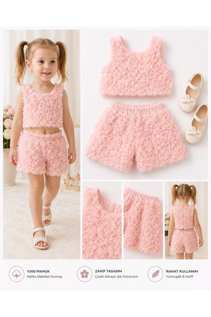 Girl's 3D Rose Patterned Shorts Set – Bow Detail Summer Special Occasion Combination 2-Piece Set
