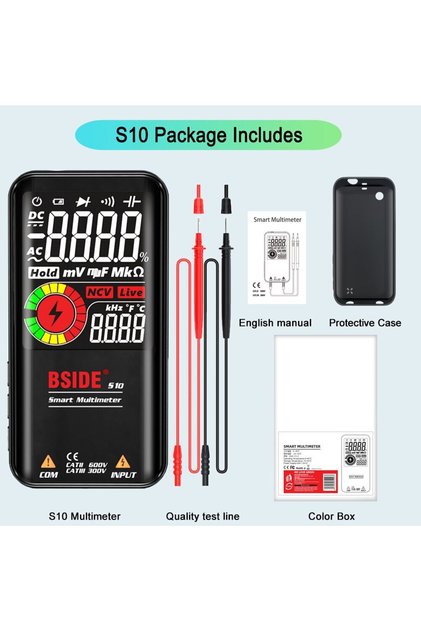 جهاز قياس متعدد رقمي S10 BSIDE، جهاز اختبار كهربائي ذكي، شحن USB، جهد تيار مستمر، جهد تيار متردد، سعة أوم