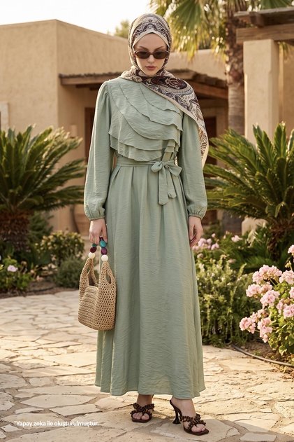 Mint Green Dress with Layered Ruffle Detail on the Front