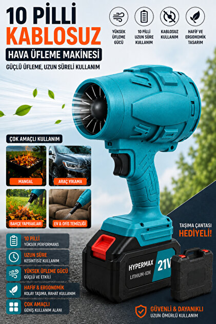 Kablosuz Hava Üfleyici Fan 10 Pilli 12.000 mAh Bataryalı Jet Turbo Motorlu Bahçe Yaprak Üfleme ve Araç Kurutma Makinesi