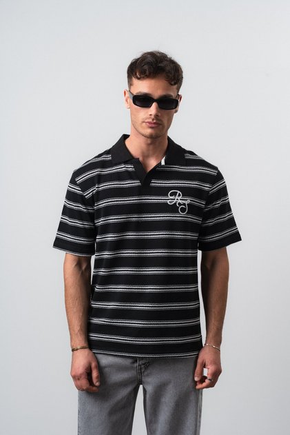 Men's Rs Embroidered Striped Polo Collar Regular Fit T-Shirt Black