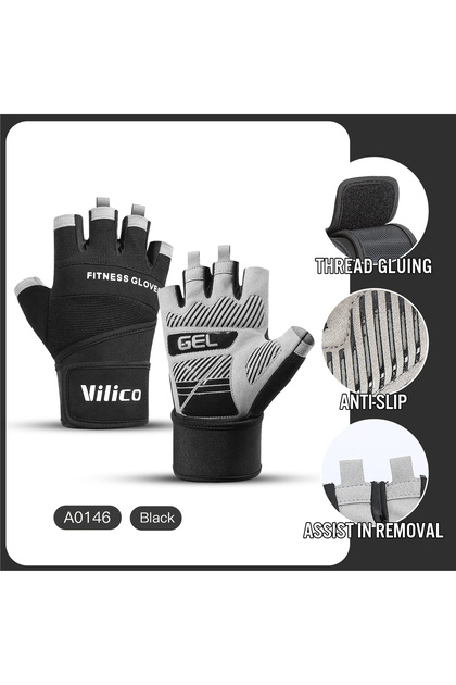 XL A0146-black Half Finger Gym Gloves Weightlifting Dumbbell Training Anti-Slip Fitness Gloves with
