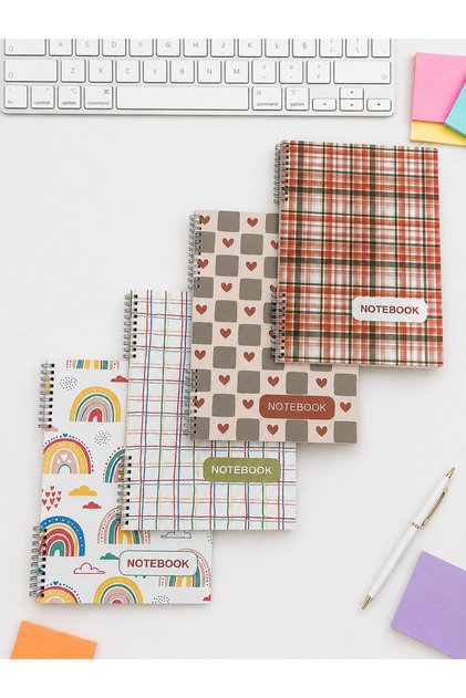 A4 Spiral Notebook Set of 4 – Colored Cover 2 Lined - 2 Grid 80 Sheets School and Office Notebook