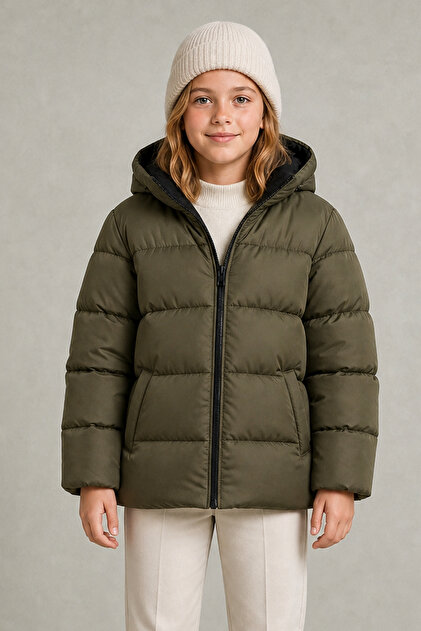 Girl's Khaki Fleece Hooded Waterproof Wind Resistant Pocket Inflatable Winter Coat
