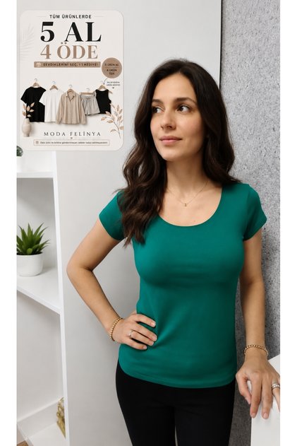 Women's Short Sleeve Boat Neck Green Color Body T-Shirt