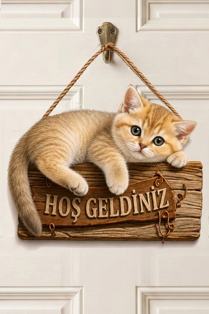 "Hoş Geldiniz" Yazılı Kedi Ahşap MDF Kapı Süsü - 2D Düz Baskı