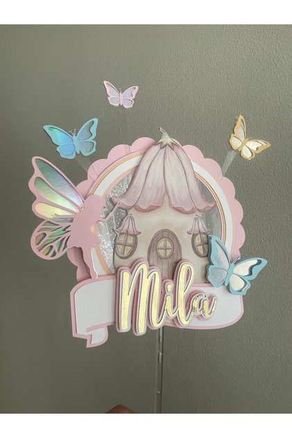 Peri Konsept Kişiye Özel Cake Topper | Pastel Gold Pasta Süsü | Kelebekli Doğum Günü Dekoru - Pembe