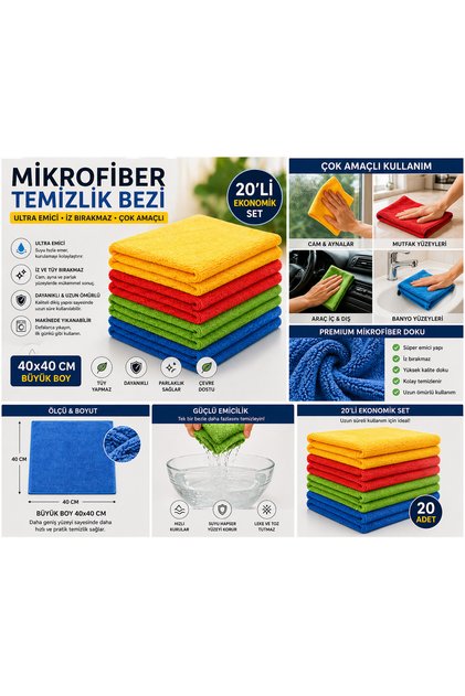 Mikrofiber Temizlik Bezi 20’li Set 40x40 cm Ultra Emici İz Bırakmaz Çok Amaçlı Temizlik Bezi